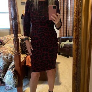 Calvin Klein Burgundy and Black Leopard Midi Sheath Dress
